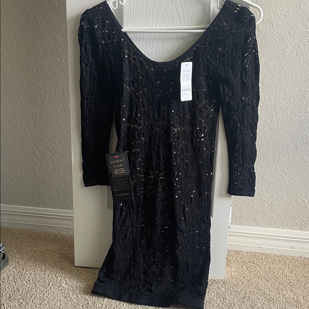 bebe Black Sequin Long Sleeve Dress